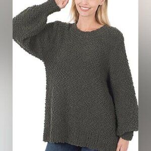 Zenana Premium Boucle Pop Corn Teddy Chunky Grey Soft Lounge Sweater 1X